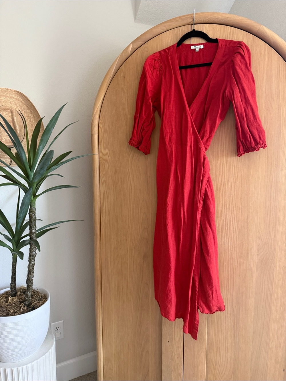 Rails Red Wrap Midi Dress with Puff Sleeves